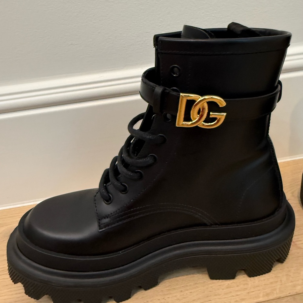 Dolce & Gabbana Black Combat Boots with Gold Logo